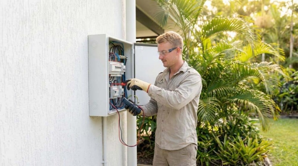 An electrician is checking the electrical system in a home.