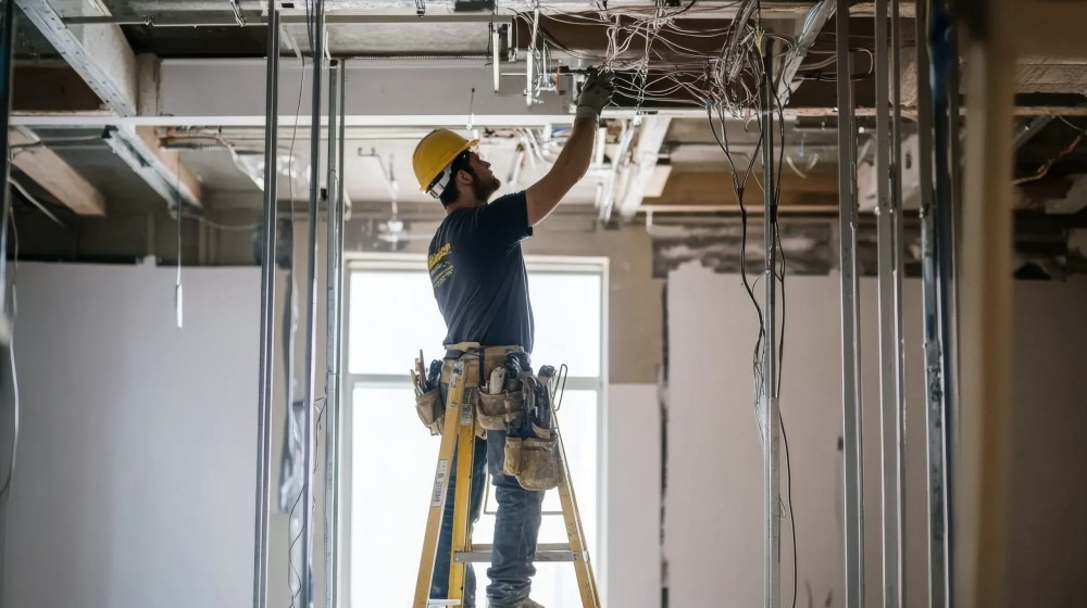 Commercial electrician working with a system of wires.