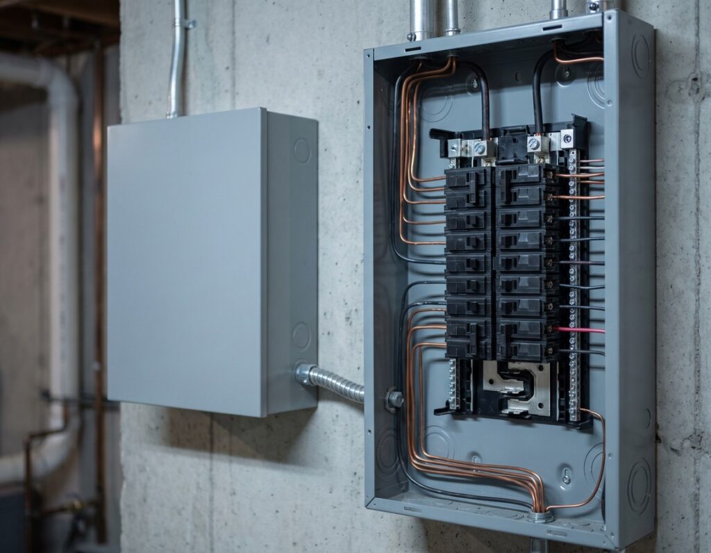 Automatic transfer switch mounted beside the main electrical panel