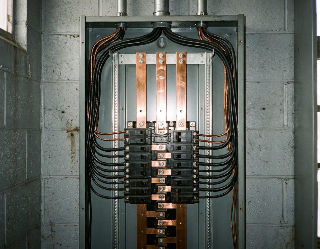 Interior of a commercial three-phase panelboard