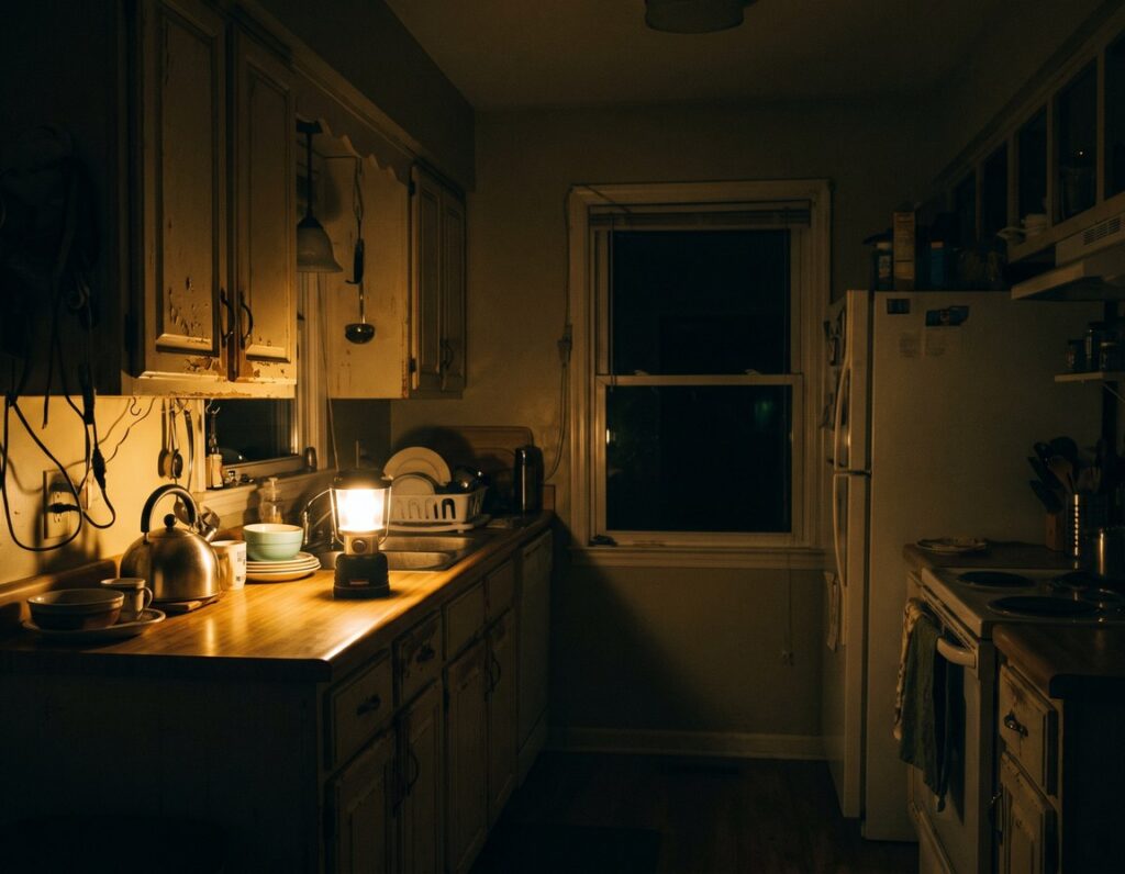 A suburban kitchen lit by a lantern during a partial power outage