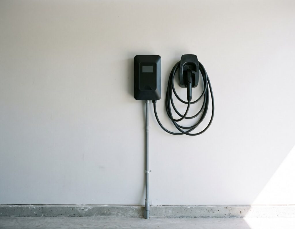 A Level 2 EV charger installed on a residential garage wall