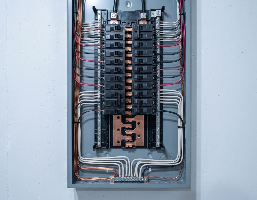 A newly installed residential electrical panel after a rewire