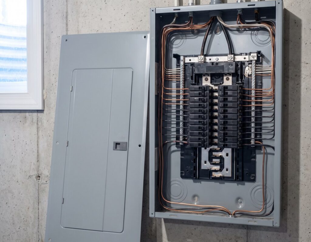 Residential electrical panel opened for a pre-listing inspection