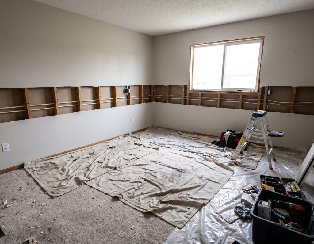 A room mid-rewire with new cable runs stapled to the studs